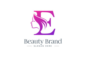 Letter E beauty logo design. Woman face silhouette isolated on letter E