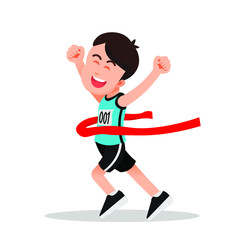 happy boy reaches the finish line in a marathon running competition