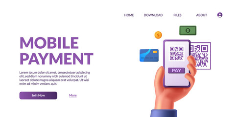 Fototapeta premium Scan qr for online payment cashless untact activity with 3d cute hand holding phone with money card icon