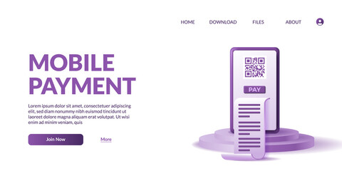 Scan Qr for mobile payment. cashless and untact activity with 3d phone on the cylinder podium display