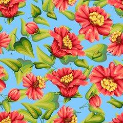 Obraz na płótnie Canvas Beautiful drawing of a red blooming flowers of pomegranate. Green leaves. Seamless background with pattern.