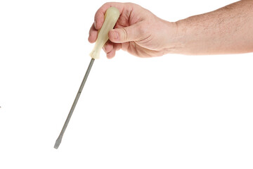Hand holds a screwdriver on a white background, a template for designers.