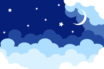 Night bright starry sky and moon. White shine stars on the clouds background, banner, backdrop. Cloudy weather. 