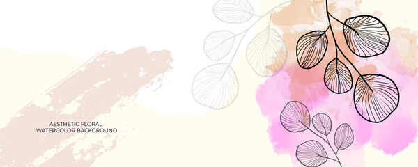 Abstract art background vector. Luxury minimal style wallpaper with golden line art flower and botanical leaves, Organic shapes, Watercolor. Vector background for banner, poster, Web and packaging.