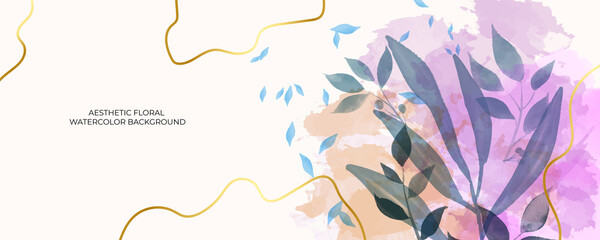 Abstract art background vector. Luxury minimal style wallpaper with golden line art flower and botanical leaves, Organic shapes, Watercolor. Vector background for banner, poster, Web and packaging.