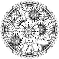 Mehndi flower for henna, mehndi, tattoo, decoration. decorative ornament in ethnic oriental style. doodle ornament. coloring book page.