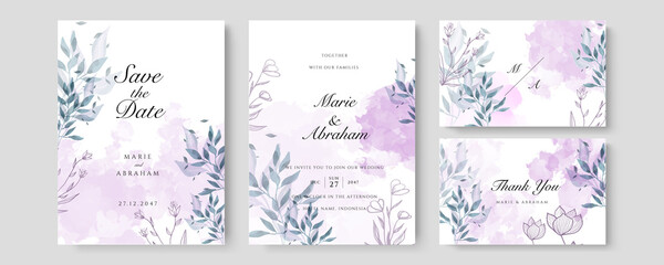 Fototapeta na wymiar Watercolor wedding invitation. Elegant watercolor wedding invitation card with leaves