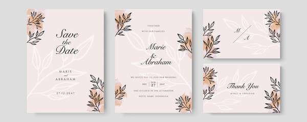 Watercolor wedding invitation. Elegant watercolor wedding invitation card with leaves