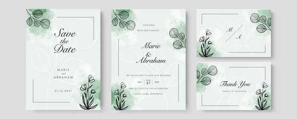 Watercolor wedding invitation. Elegant watercolor wedding invitation card with leaves