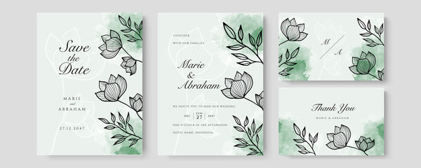 Watercolor wedding invitation. Elegant watercolor wedding invitation card with leaves
