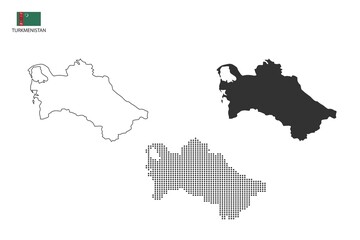 3 versions of Turkmenistan map city vector by thin black outline simplicity style, Black dot style and Dark shadow style. All in the white background.