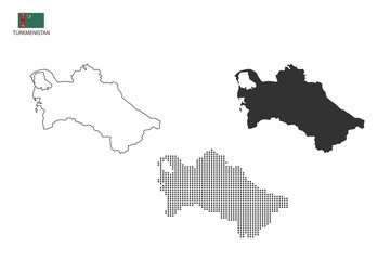 Fototapeta premium 3 versions of Turkmenistan map city vector by thin black outline simplicity style, Black dot style and Dark shadow style. All in the white background.