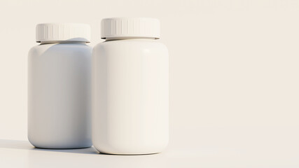Blank pharmacy plastic bottles. 3D rendering illustration. 
