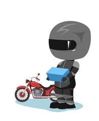 Biker cartoon. Child illustration. Delivered the package. Sports uniform and helmet. Cool motorcycle. Chopper bike. Funny motorcyclist. Isolated background. Vector