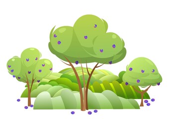 Garden and rolling hills. Rural landscape with fruit trees and farmer hills. Ripe harvest plum. Cute funny cartoon design illustration. Flat style. Isolated on white. Vector.