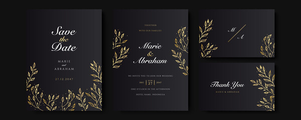 Design wedding invitation template set. Modern luxury premium floral texture elements and golden frames on a black background