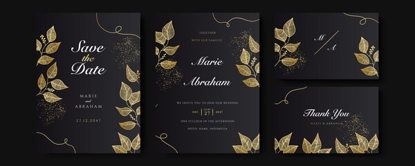 Design wedding invitation template set. Modern luxury premium floral texture elements and golden frames on a black background