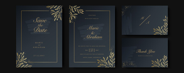 Set of card with gold flower rose, leaves. Wedding black and gold concept. Floral poster, invite. Vector decorative greeting card or invitation design background
