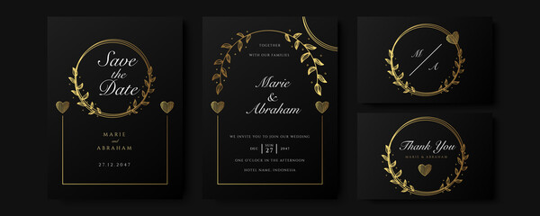 Set of card with gold flower rose, leaves. Wedding black and gold concept. Floral poster, invite. Vector decorative greeting card or invitation design background