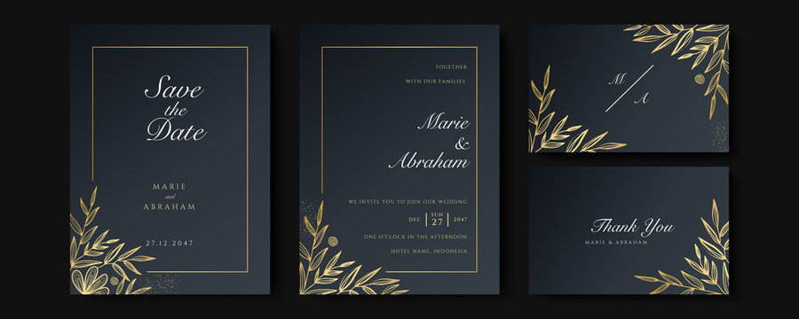 Set of card with gold flower rose, leaves. Wedding black and gold concept. Floral poster, invite. Vector decorative greeting card or invitation design background