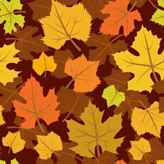 Fototapeta na wymiar Orange Foliage. Seamless pattern with maple leaves. Autumn brown background. Vegetable illustration. Vector.