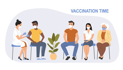 People of different ages are sitting in line. Woman in face mask getting vaccinated against Covid-19. Vector flat style cartoon illustration - obrazy, fototapety, plakaty