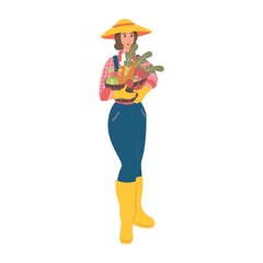 Woman farmer with a basket of vegetables. People from the village in flat style. Vector illustration.