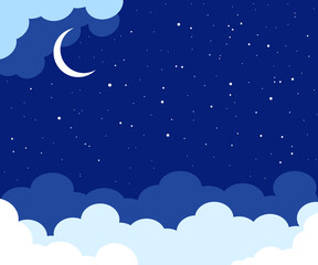 Obraz na płótnie Canvas Night bright starry sky and moon. White shine stars on the clouds background, banner, backdrop. Cloudy weather. 