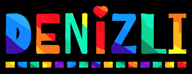 Denizli. Multicolored bright funny cartoon isolated inscription. Colorful letters. Turkey Denizli for prints on clothing, t-shirt, banner, sticker, flyer, card, souvenir, ads. Stock vector picture.