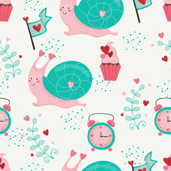 Cute seamless patterns for girls with a pink snail, an alarm clock, a sprig of a plant with hearts, a flag and a cupcake. Vector hand drawn wallpaper in cartoon style for baby room wallpaper.