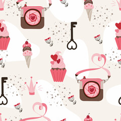 Cute seamless pattern for girls with pink camera, cupcakes with hearts, pink crown and keys. Vector hand-drawn wallpaper in flat cartoon style.