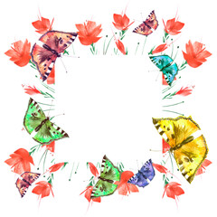 Watercolor bouquet of flowers, Floral background, butterfly urticaria. Bright red floral bouquet. abstract splash of paint, fashion illustration. Flower - red poppy, tulip. Greeting card butterfly 