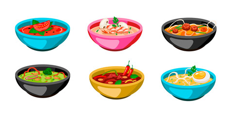 Set of colorful bowls of soup. Cartoon vector illustration. Hot gazpacho, tomato, chicken soup with curry, turmeric, sour cream, mushrooms in dishes on white background. Food, diet, cuisine concept