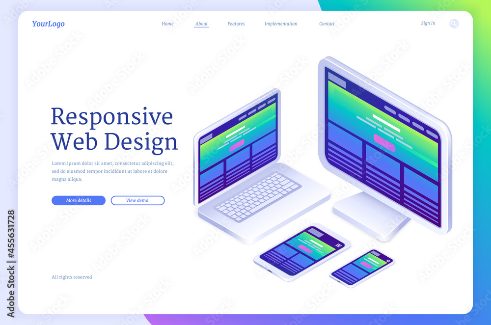 Poster responsive web design banner. concept of flexible ui interface of site or app for different digital 