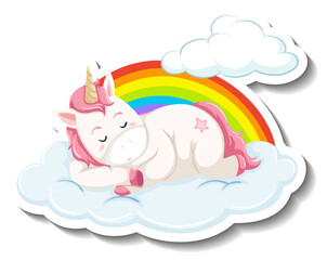 Cute unicorn laying on the cloud on white background