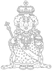 Queen in solemn royal dress with symbols of royalty at an official festive ceremony, black and white outline vector cartoon illustration for a coloring book page