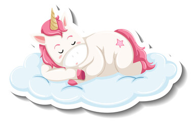 Cute unicorn sleeping on the cloud on white background