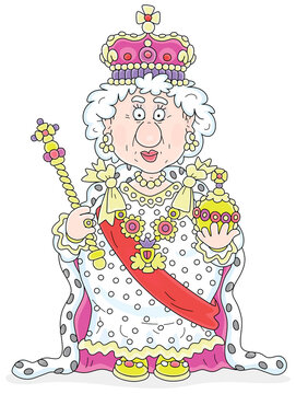 recommend clip art: Queen in solemn royal dress with symbols of royalty at an official festive ceremony, vector cartoon illustration isolated on a white background