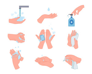 Medical infographic with hand washing vector illustrations set. Gestures showing steps of proper dirty hand cleansing, infection prevention isolated on white background. Hygiene, health concept