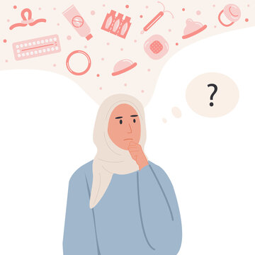Pensive muslim woman in hijab choosing contraception method. Thoughtful arab female person thinking about contraceptives. Concept of safe sex and birth control. Vector flat illustration.
