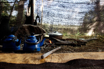 The life of nomadic people. Tea and food is cooked in the tent.