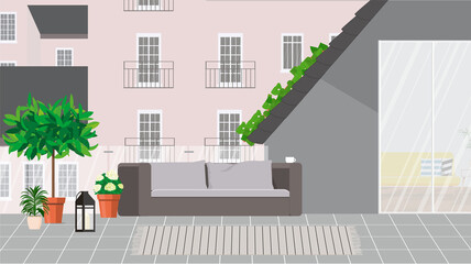 Cozy rooftop balcony with furniture and plants