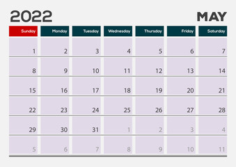 May 2022. Calendar planner design template. Week starts on Sunday