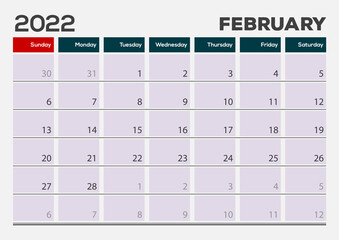 February 2022. Calendar planner design template. Week starts on Sunday