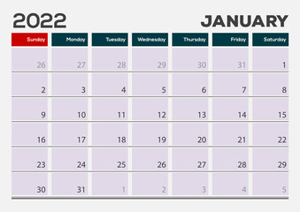 January 2022. Calendar planner design template. Week starts on Sunday.	