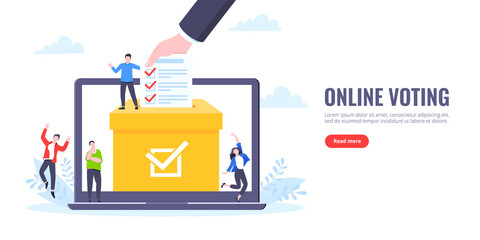 Online voting concept flat style design vector illustration. Tiny people with voting poll online survey working together. Concept of electronic voting modern system political competition and election.