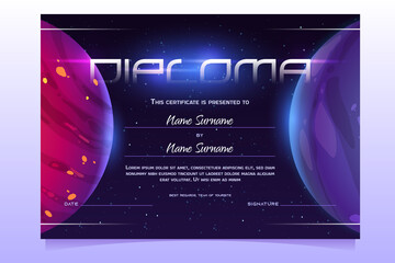 Diploma with planets in space, astronomy science educational certificate with solar system or alien galaxy objects. Graduation or award frame for students with cosmic world, Cartoon vector template © klyaksun