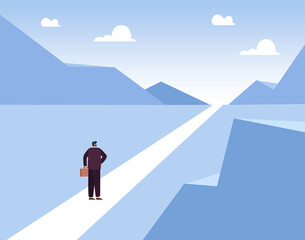 Flat vector illustration of businessman walking forward towards goal. Man standing in long way of opportunities and future career. Hope, job, motivation, future, business concept for banner design
