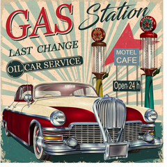 Gas station retro poster with vintage car.