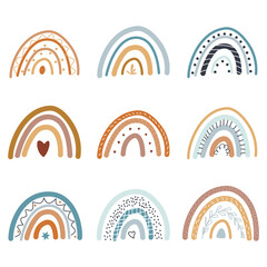 A collection of beautiful rainbows in the boho style on a white background for decor